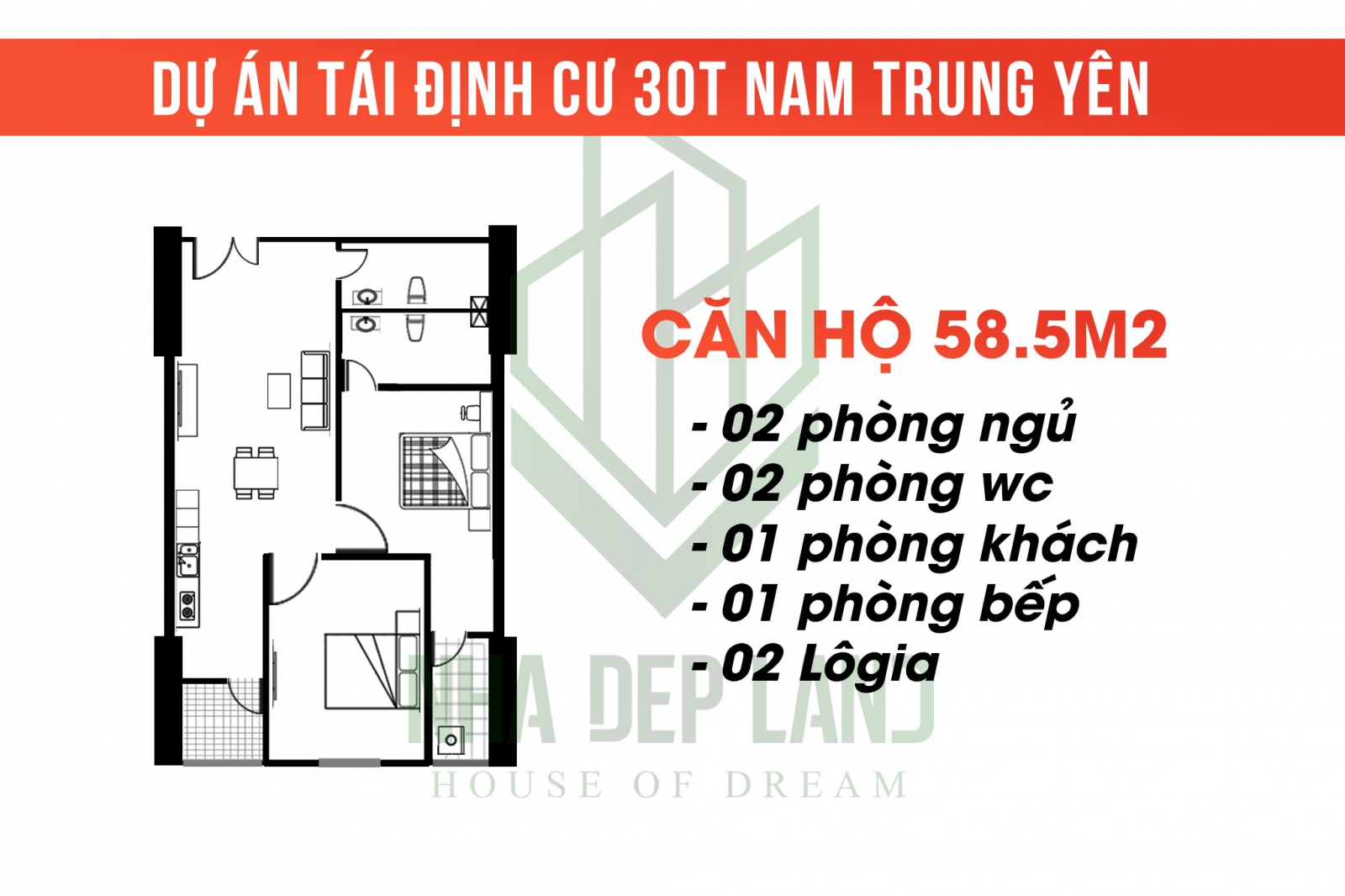 Mặt bằng căn hộ 58m2 chung cư 30T Nam Trung Yên