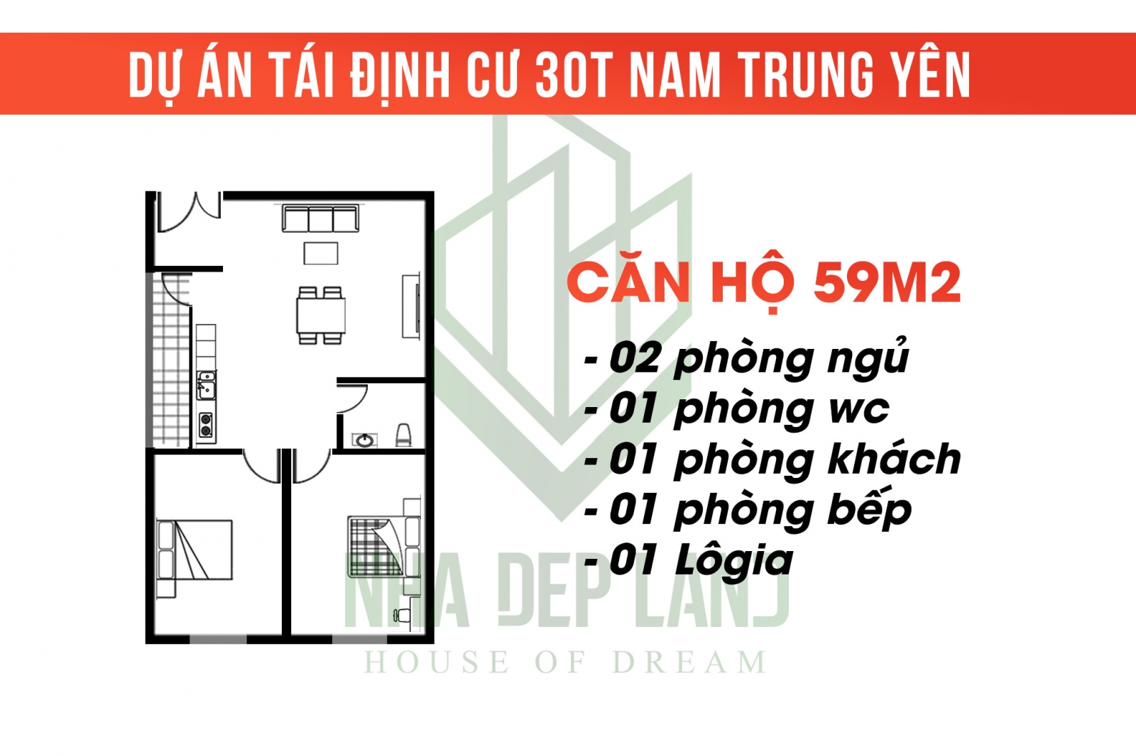 Mặt bằng căn hộ 59m2 chung cư 30T Nam Trung Yên