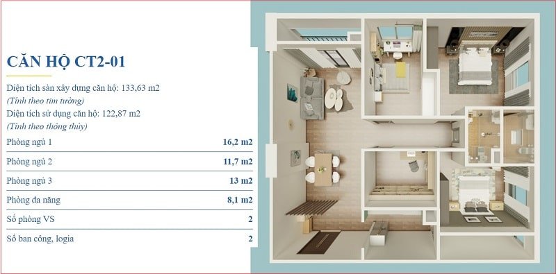 Mặt bằng chung cư X2 Đại Kim căn 122m2 4 phòng ngủ