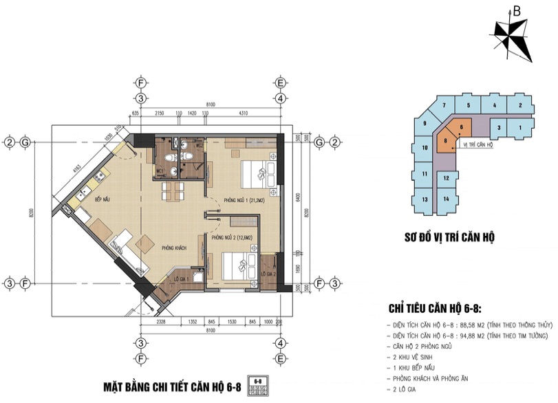 Căn hộ A6:2 PN, số lượng 02 căn, diện tích 74,6m2