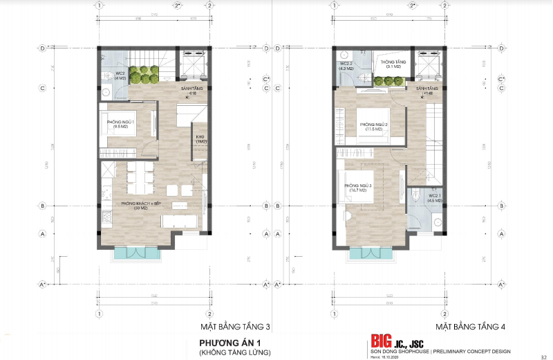 Mặt bằng tầng 3, 4 nhà phố khu đất đấu giá Sơn Đồng – Song Phương – Hoài Đức