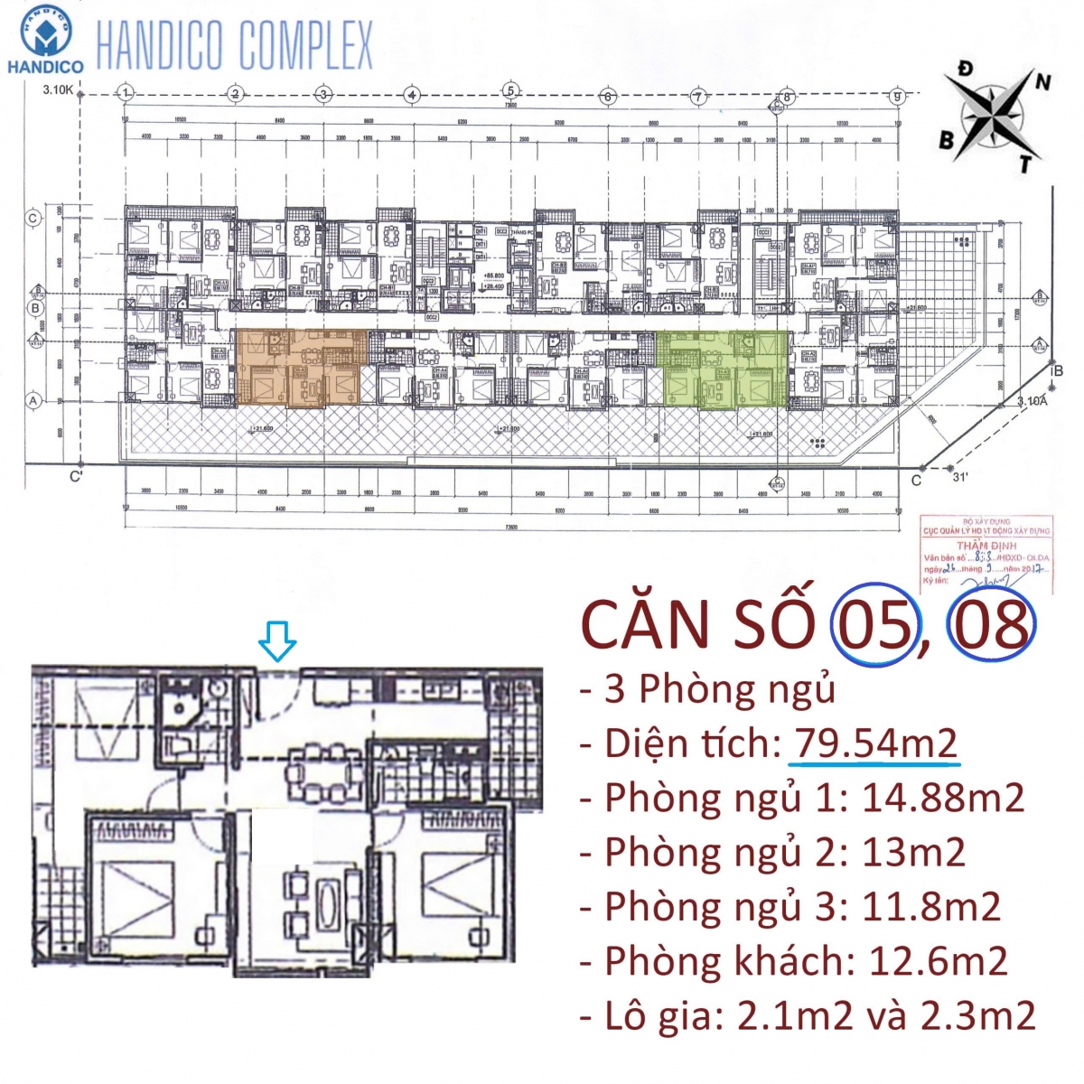 mặt bằng 3 phòng ngủ handico complex 33 lê văn lương
