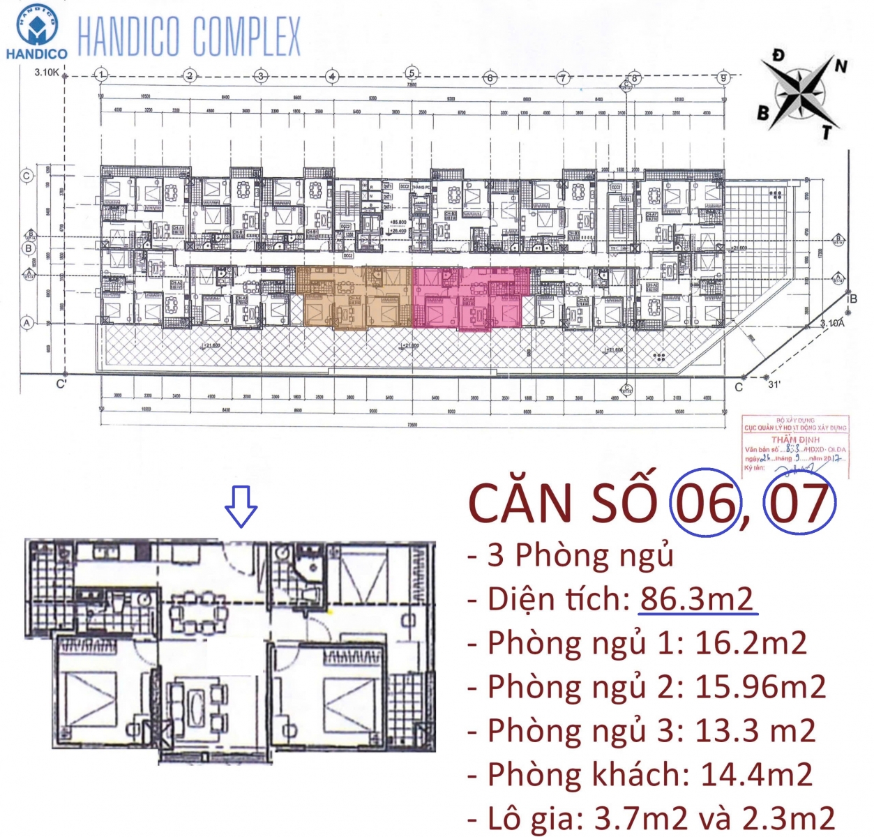Mặt bằng căn hộ 85m2 HanDico Complex Lê Văn Lương