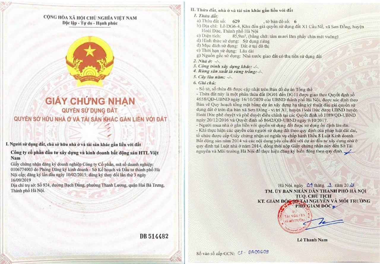 pháp lí sổ đỏ Sơn Đồng Center Hoài Đức