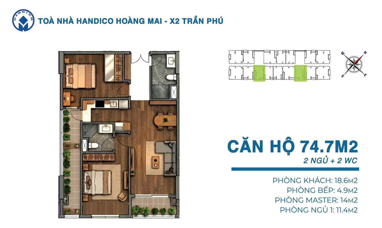 mặt bằng HanDico Riverside X2 Trần Phú căn 74m2