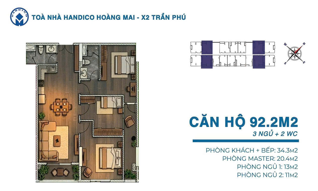 mặt bằng HanDico Riverside X2 Trần Phú căn 92m2