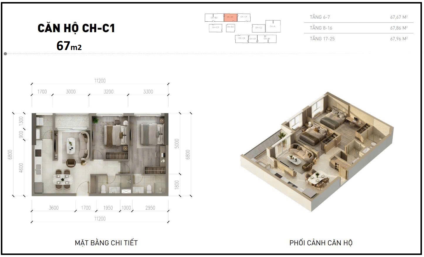 Mặt bằng 2 ngủ 67,8m2 Metro Tower An Khánh C3 Sơn Đồng