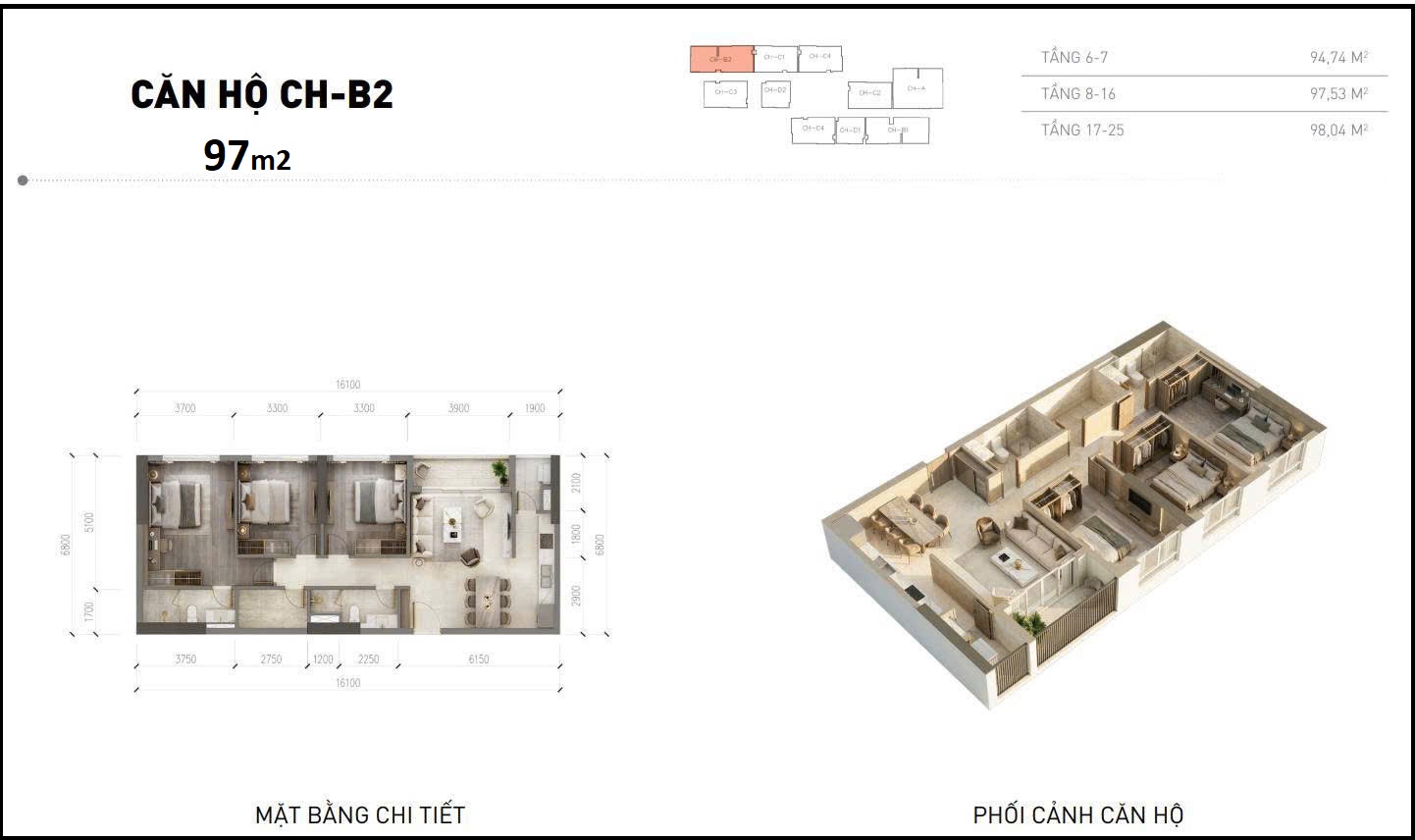 Mặt bằng 3 ngủ 97m2 Metro Tower An Khánh C3 Sơn Đồng