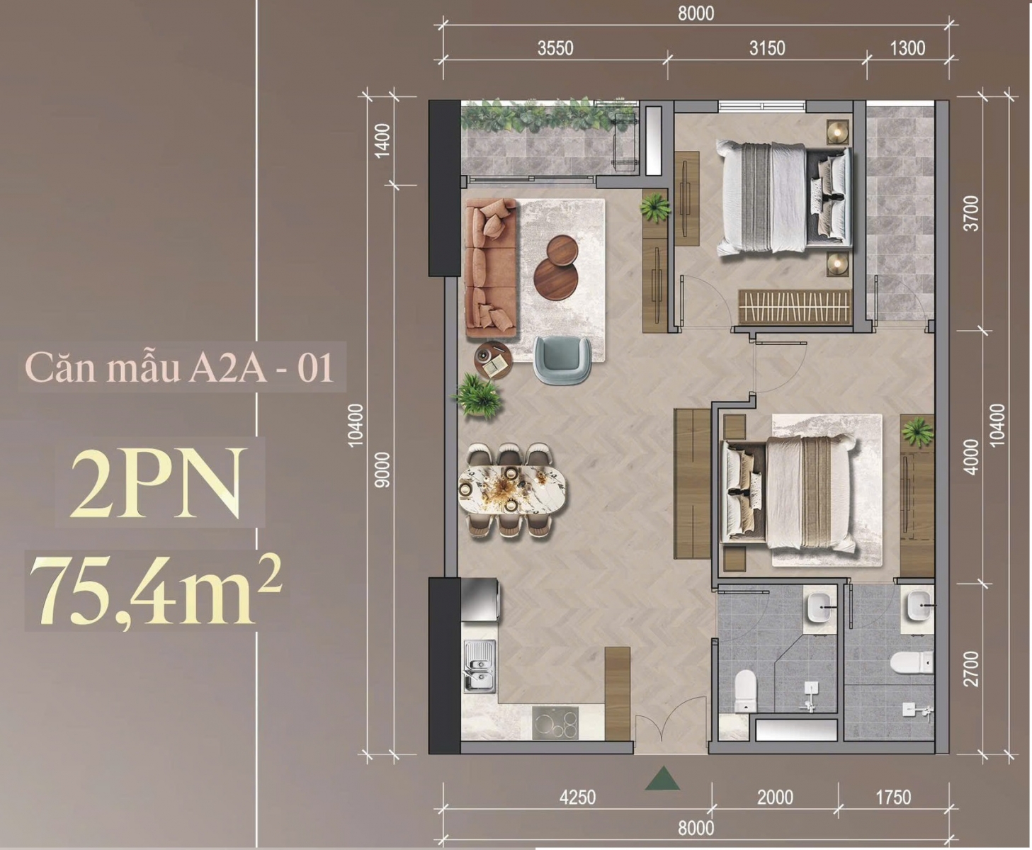 mặt bằng Mipec 54 Tố Hữu 2 ngủ 75m2