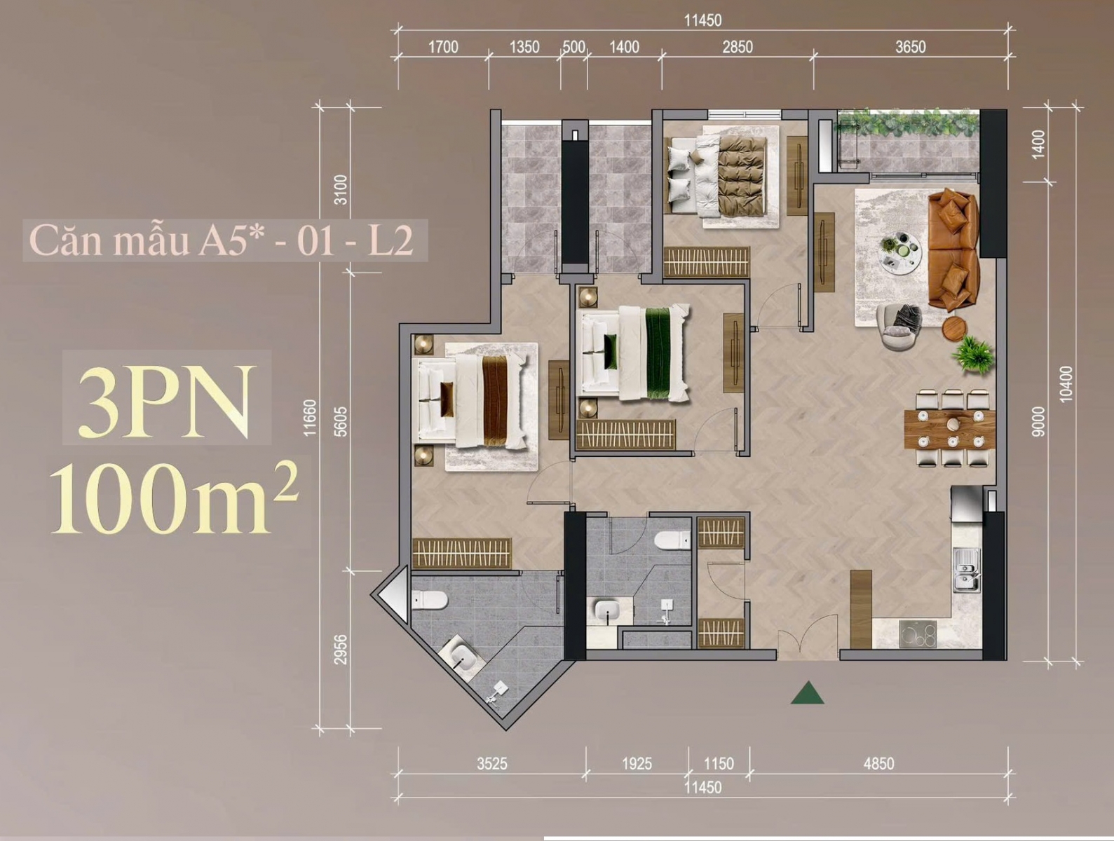mặt bằng Mipec 54 Tố Hữu 3 ngủ 100m2
