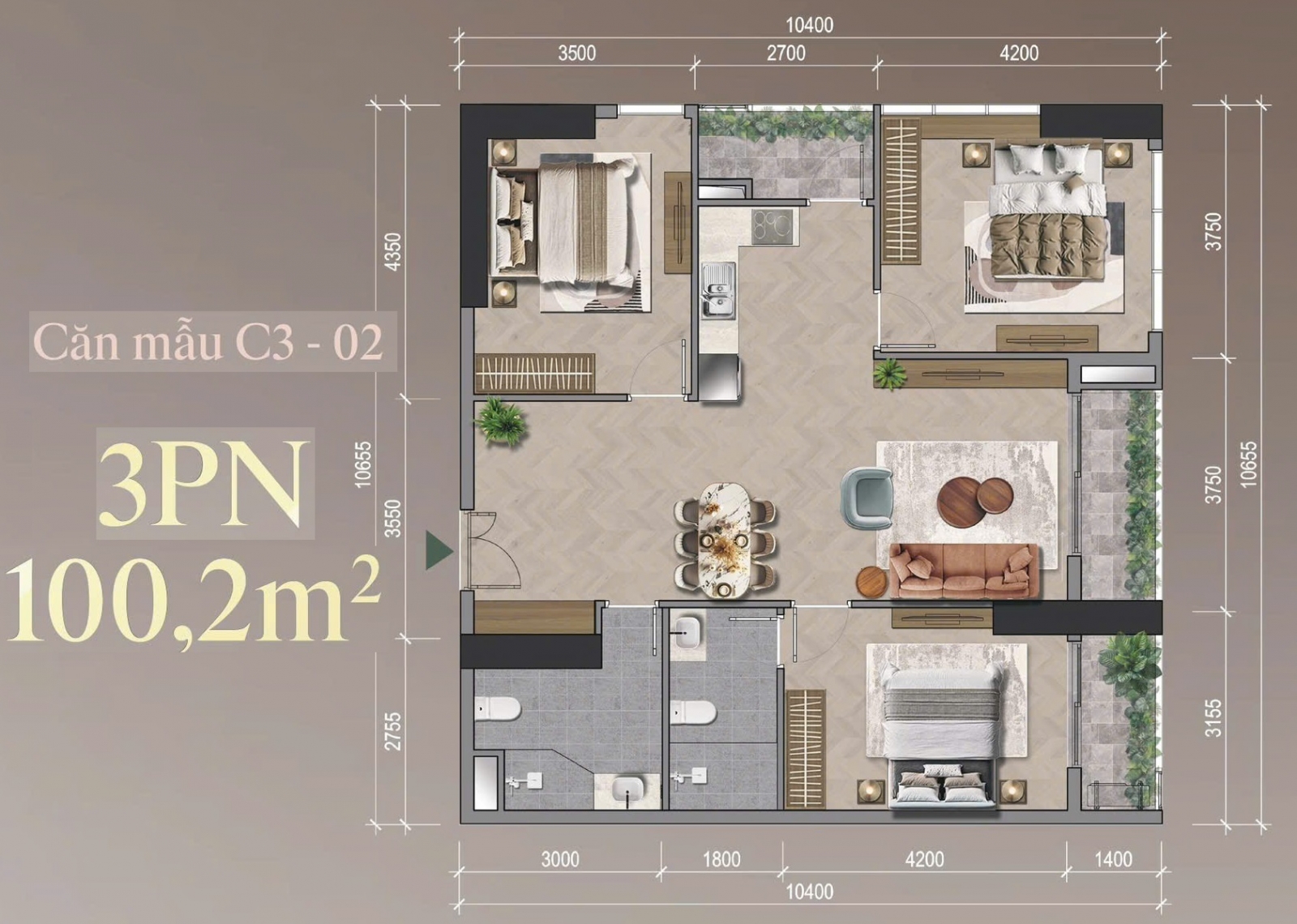 mặt bằng Mipec 54 Tố Hữu 3 ngủ 102m2