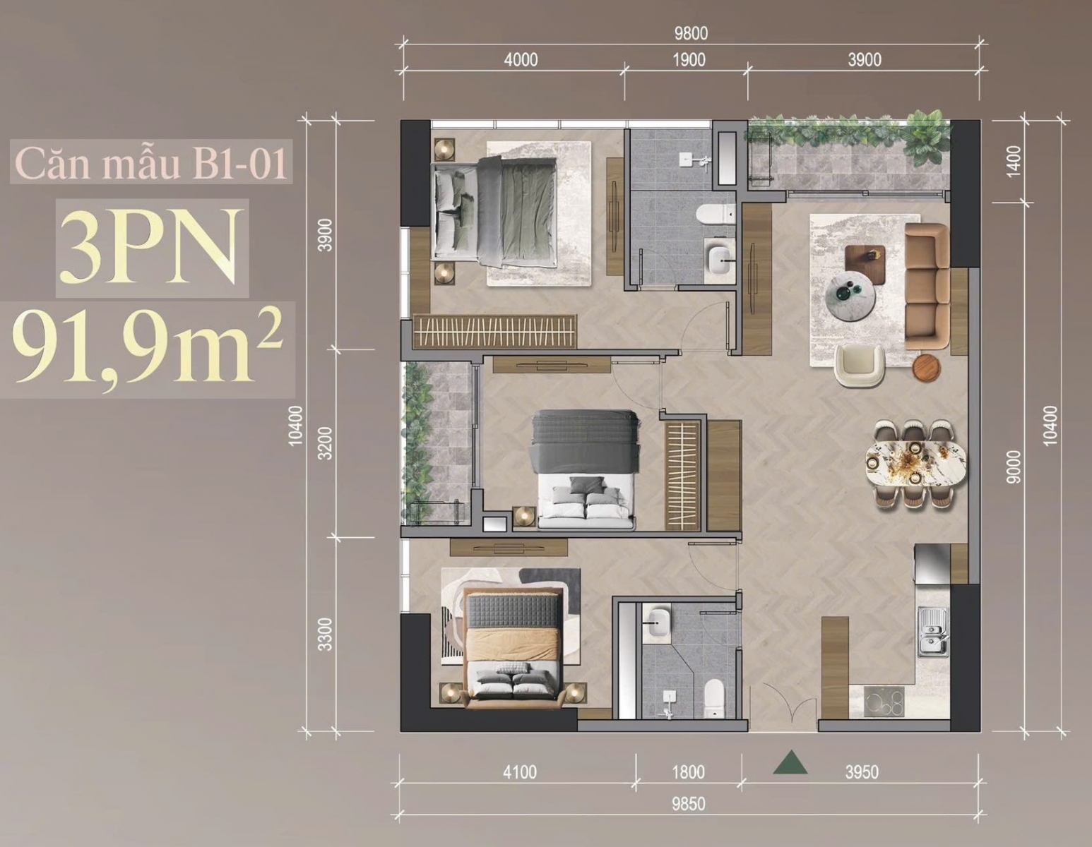 mặt bằng Mipec 54 Tố Hữu 3 ngủ 92m2